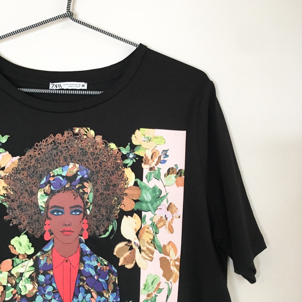 Zara Floral Graphic T-Shirt Black Size Medium - Picture 4 of 5
